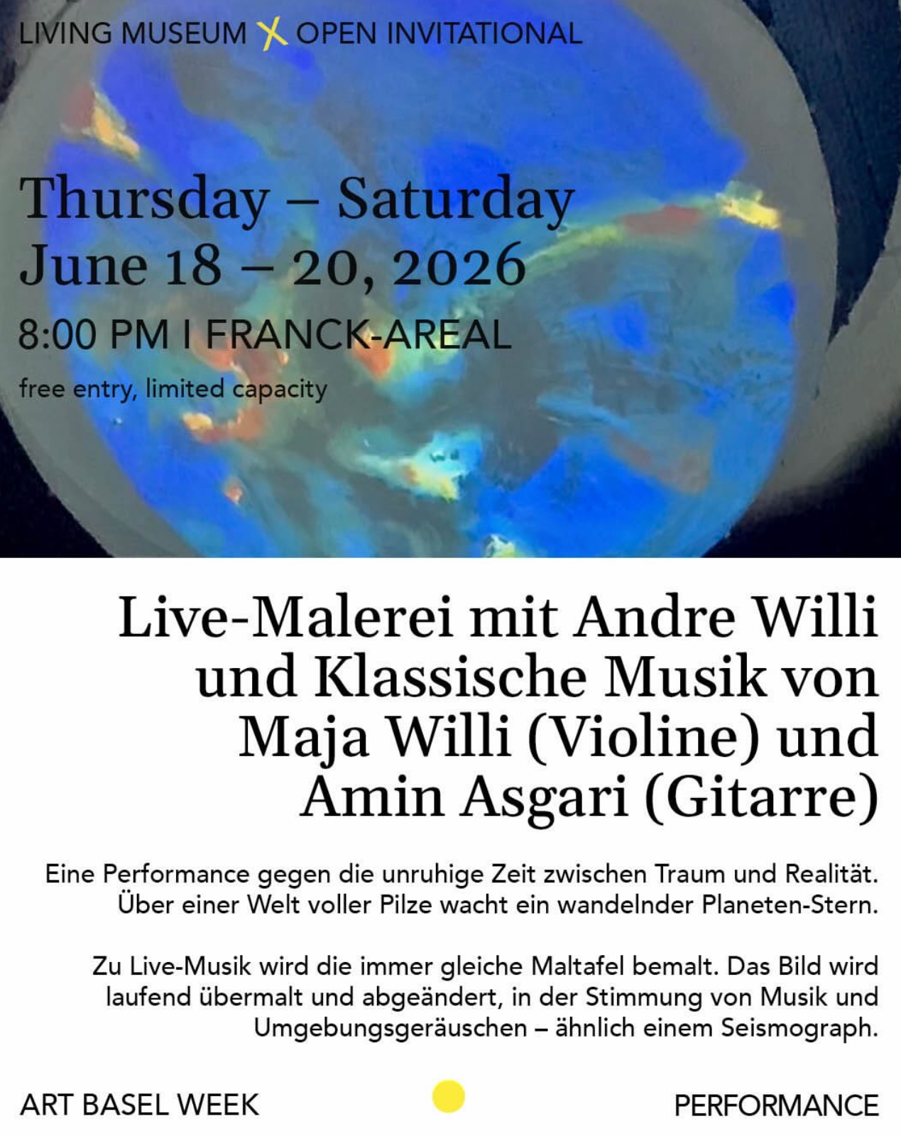 Living Museum and Open Invitational event poster for Musik und Malerei, 18–20 June 2026
